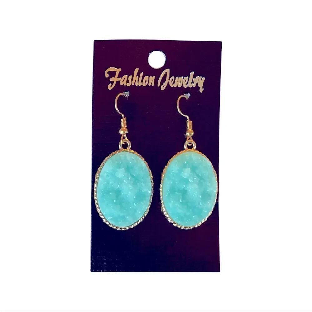 Robins Egg Blue Druzy Stone Fishhook Earrings • NWT - Picture 3 of 7